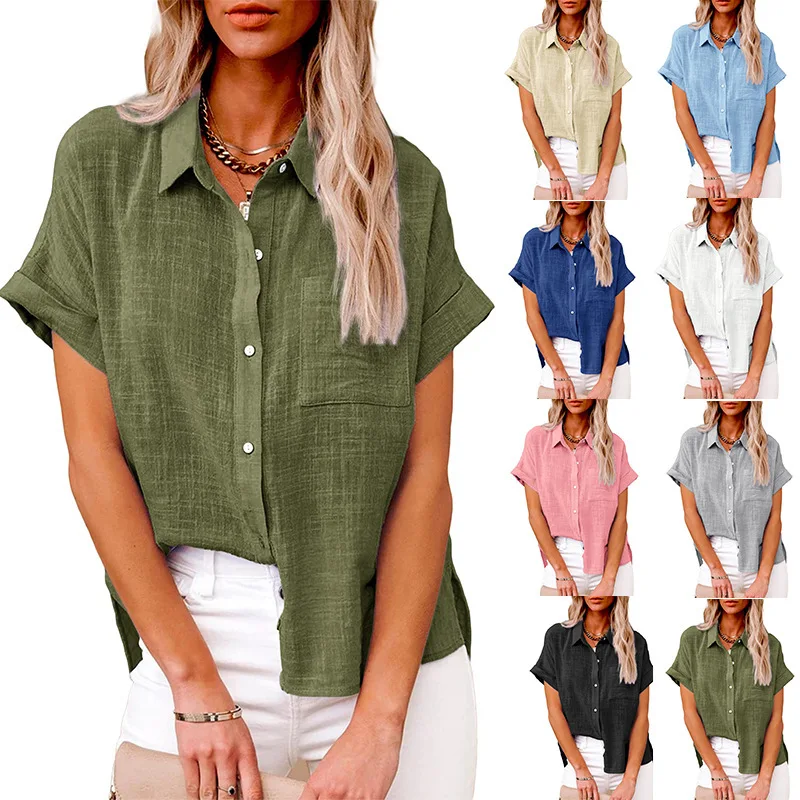 2022 Summer New Casual Women's Solid Color Linen Shirt Short Sleeve Button Lapel Cardigan Top Fashion Loose Oversized Tunic