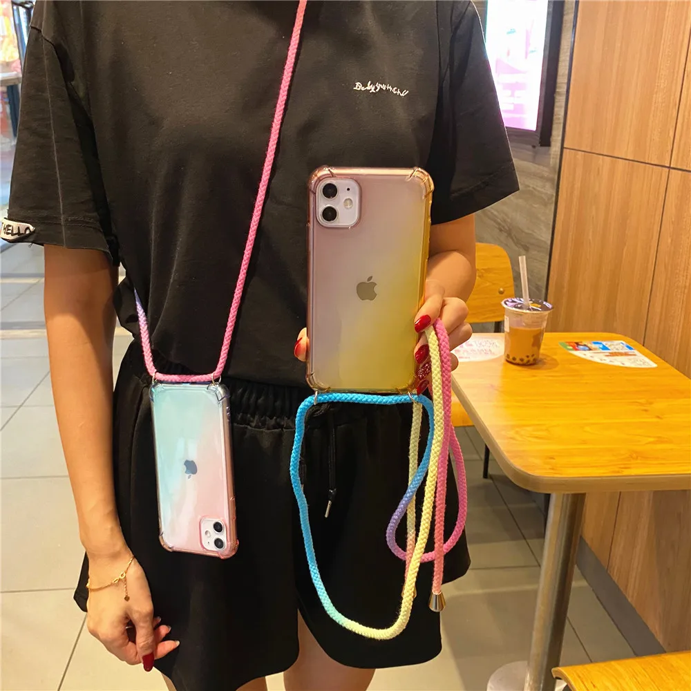 Rainbow Gradient Soft Phone Case For iPhone 14 13 12 11 Pro XS Max XR X 7 Plus 8 6 SE Necklace Lanyard Shoulder Strap Cord cover