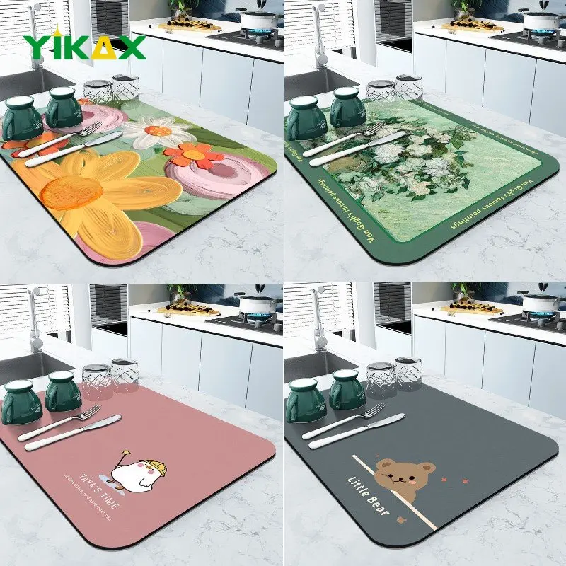 

Super Absorbent Dish Drying Mat Kitchen Tableware Square Drain Pad Non-slip Flowers Drying Pads Countertop Protector Placemat