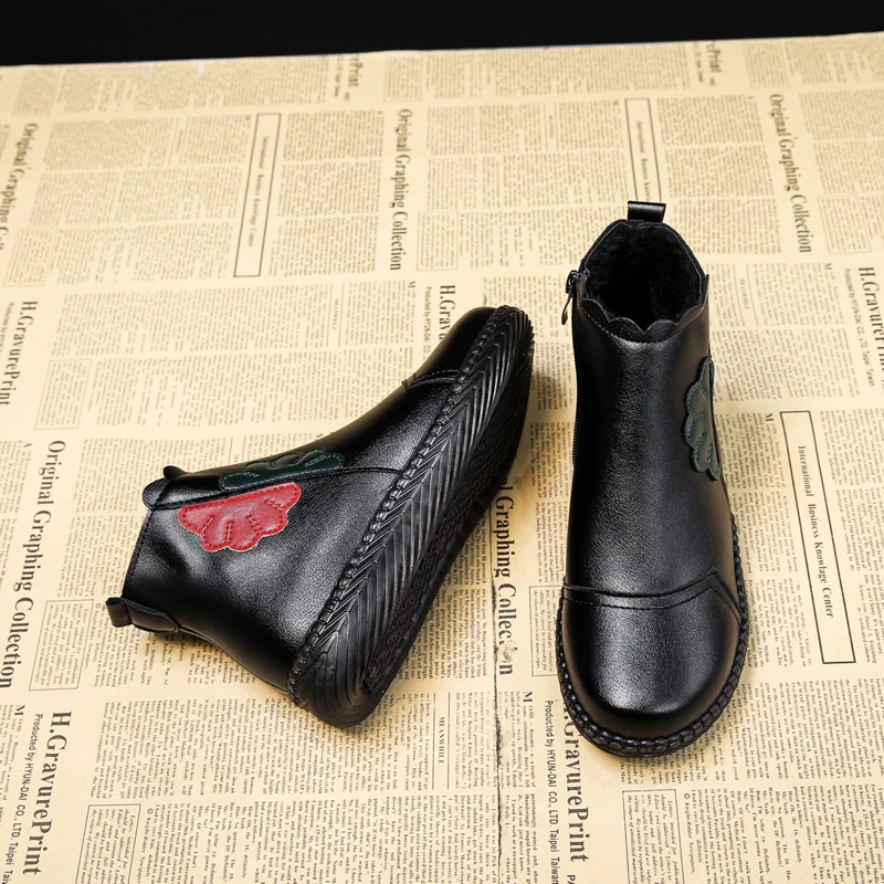 2023 Winter Women Genuine Leather Ankle Boots Handmade Lady Soft Flat Shoes Comfortable Casual Moccasins Side Zip Ankle Boots