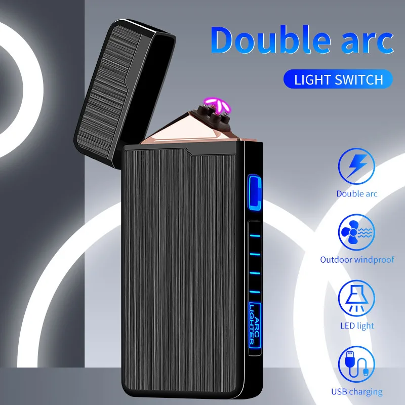 

New Metal Outdoor Windproof Portable LED Display Pulse Flameless Double Arc Lighter Plasma USB Unusual Men's Electric Lighter