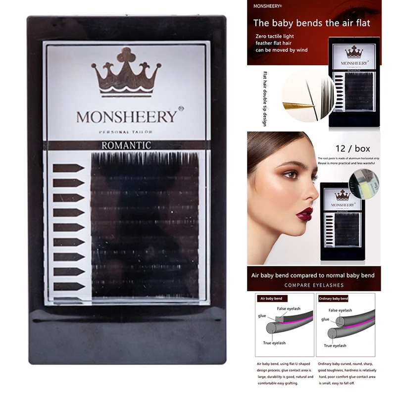 

MONSHEERY 8-12mm Available, 0.15mm Baby Curved Air Flat Hair Zero-Contact Grafting Eyelash Makeup Tool