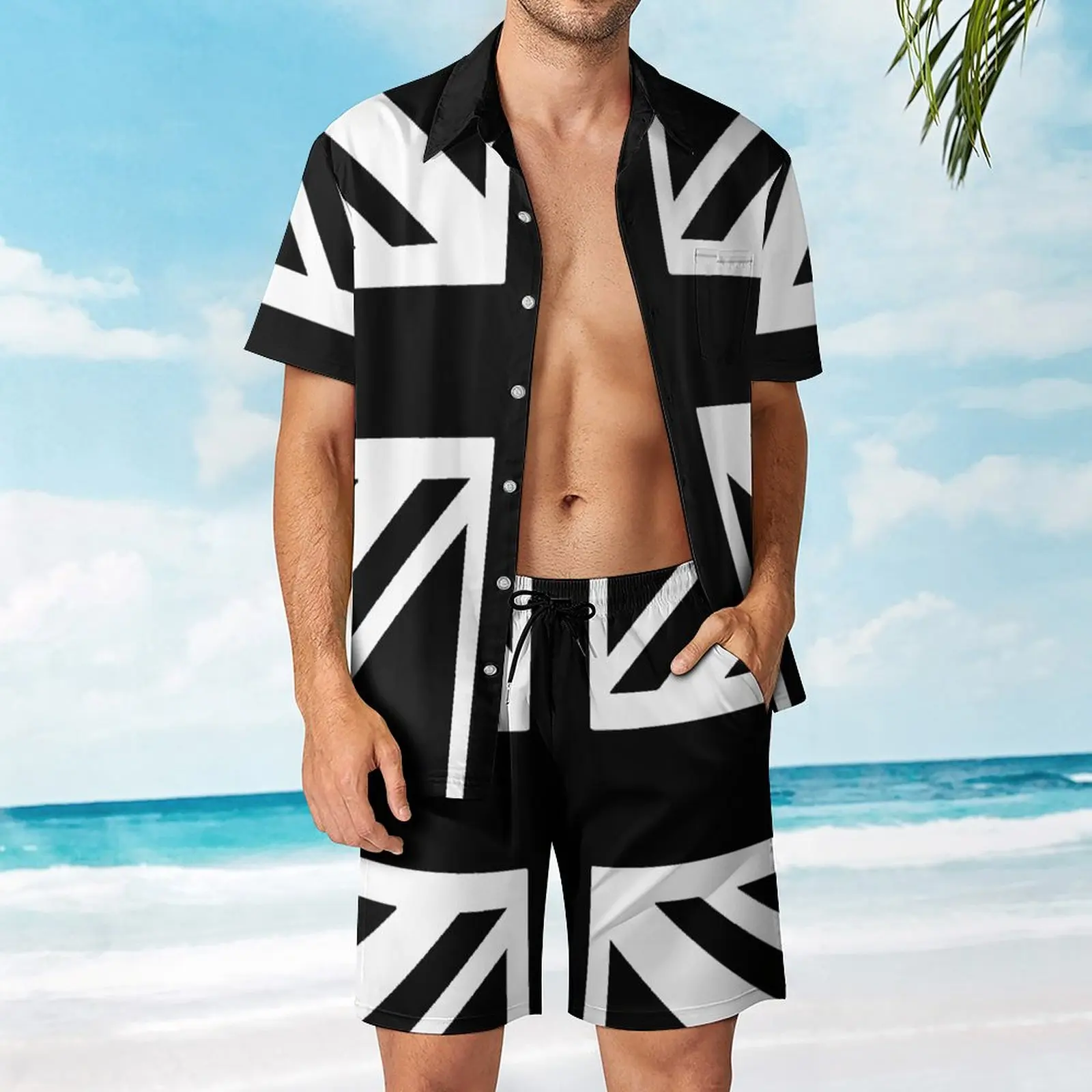

Black & White Union Jack Flag Men's Beach Suit Casual Graphic 2 Pieces Suit High Grade Shopping Eur Size