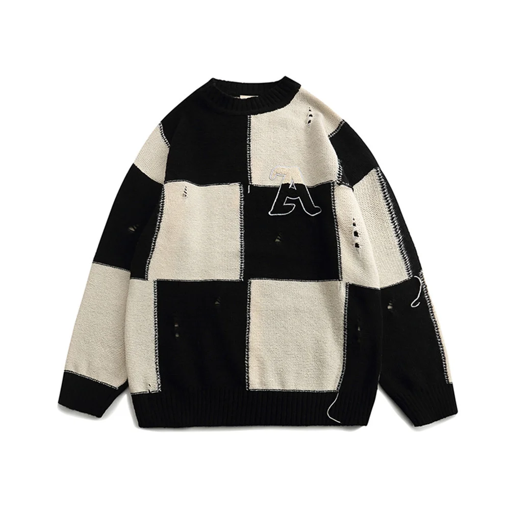 

High Street Ripped Knitted Sweater Mens Colorblock Plaid Jumpers Sweaters Couple Y2K Autumn Harajuku Casual Streetwear Pullover