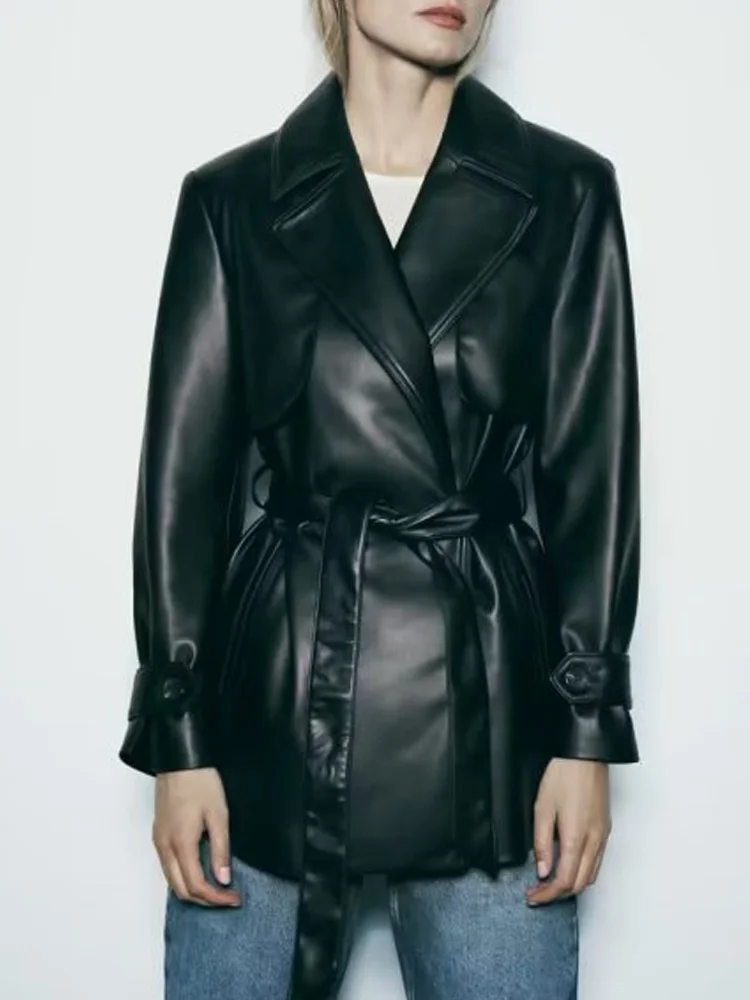 

Женский Осенний тренчкот из искусственной кожи, модное однотонное свободное Короткое женское элегантное уличное пальто с поясом и бантом, верхняя одежда, 2023