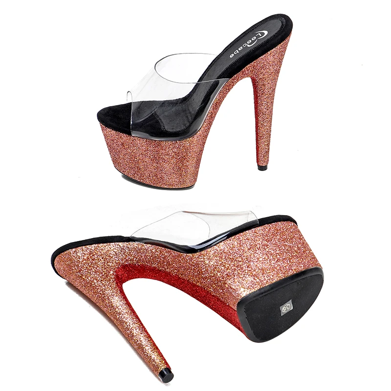 Leecabe New designs 17cm /7inch PVC upper fancy pole dance sandals  high heel glitter   platform pole danceshoes