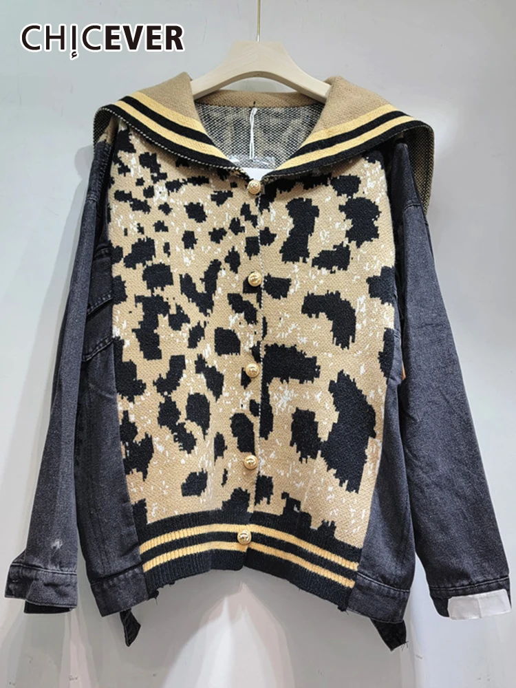 

CHICEVER Vintage Spliced Denim Sweater Female Sailor Collar Long Sleeve Autumn Casual Hit Color Knitting Cardigan Female 2023