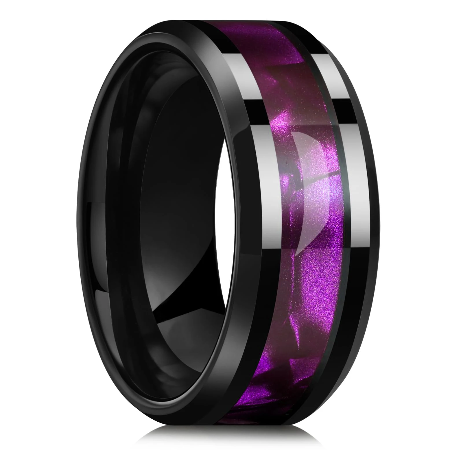 

Fashion 8mm Titanium Stainless Steel Rings for Men Women Inlay Purple Shell High Polished Men Rings Wedding Party Jewelry Gifts