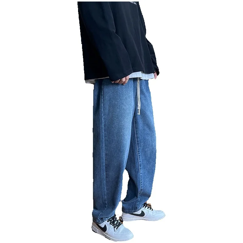 Blue Grey Baggy Jeans Men Fashion Drawstring Casual Wide Leg Jeans Mens Streetwear Hip Hop Loose Straight Denim Trousers Men
