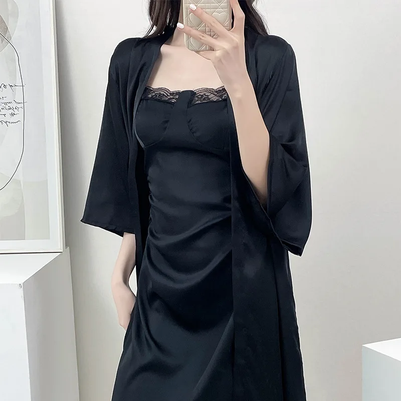

Sleepwear New Spring Summer Female Nighty&Robe Set Sexy Lace Hollow Suspender Nightgown Casual Silk Satin Bathrobe Home Dress