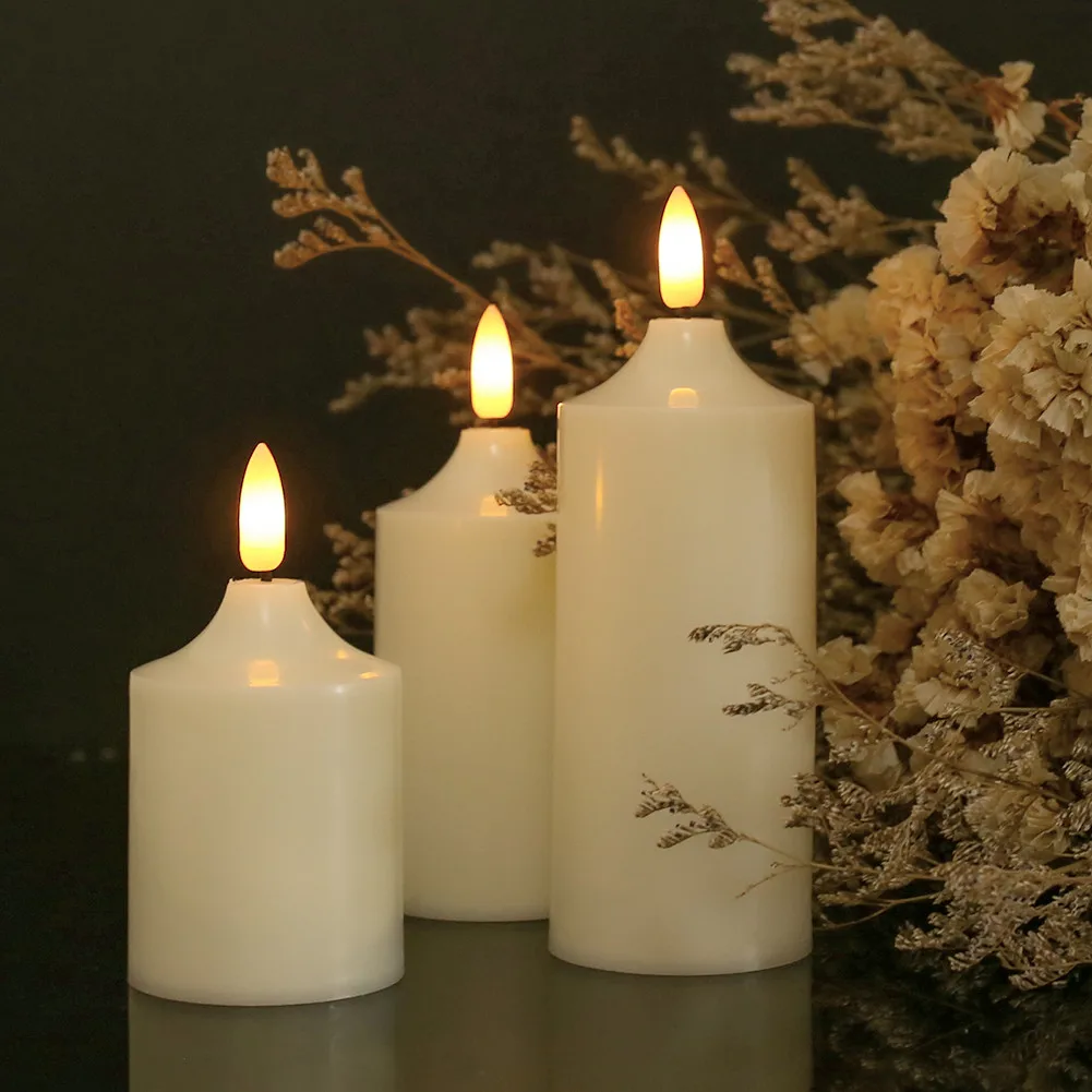 Набор из 3 пластиковых колонн безогневых свечей с реалистичными светодиодными пламенами "Tealight" для декора дома, дня рождения и свадьбы.