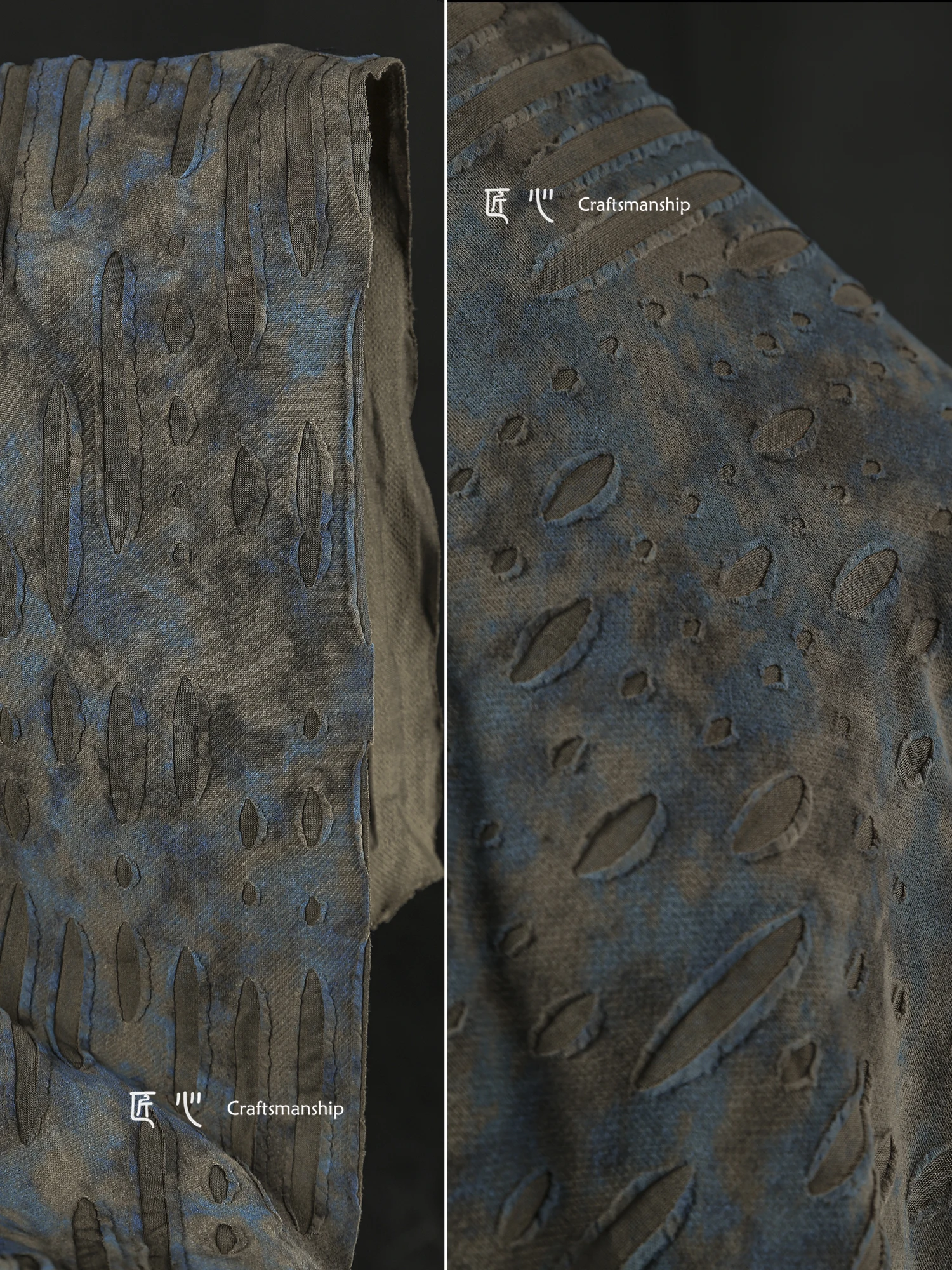 Трикотажная ткань в голубую точку с рисунком улыбки реконструированная