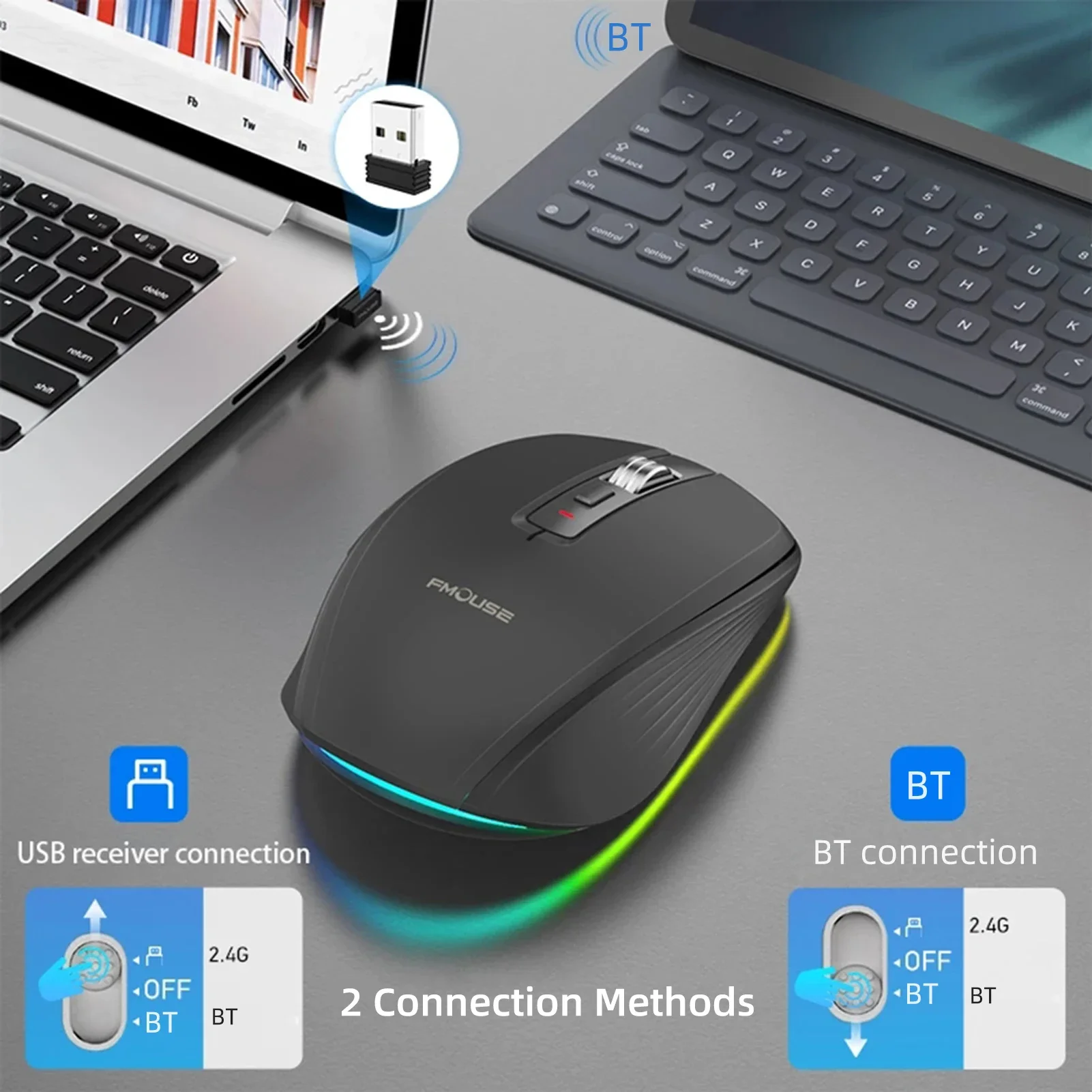 Фото 2,4G двухрежимная беспроводная мышь Bluetooth BT5.1 Компьютерные игровые мыши Эргономичный дизайн 4-ступенчатая регулировка DPI Встроенная перезаряжаемая №5