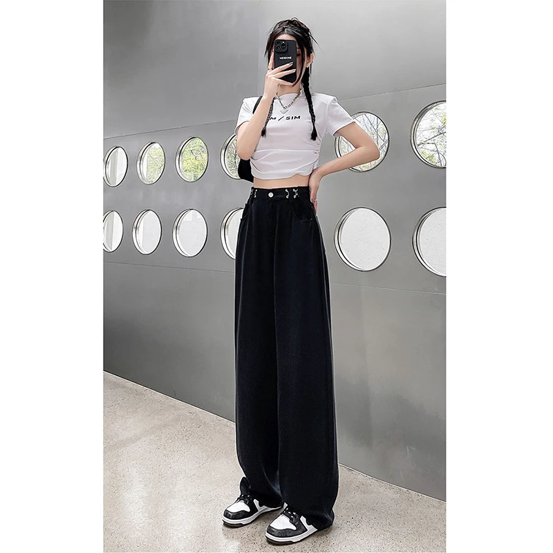 Jeans Women's Pants Black High Street Summer 9-point Pants Versatile Loose Wide Leg Pants Versatile Adjustable Draping