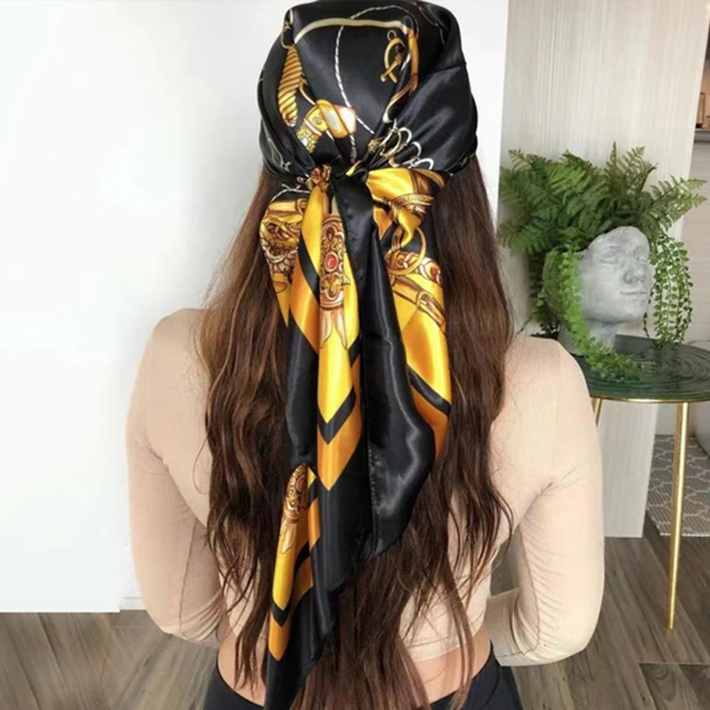 

Head Scarf Women Luxury Brand Square 90*90cm Silk Foulard Satin Bandana Cheveux Soft Neckerchief Hijab Hair Scarves For Ladies