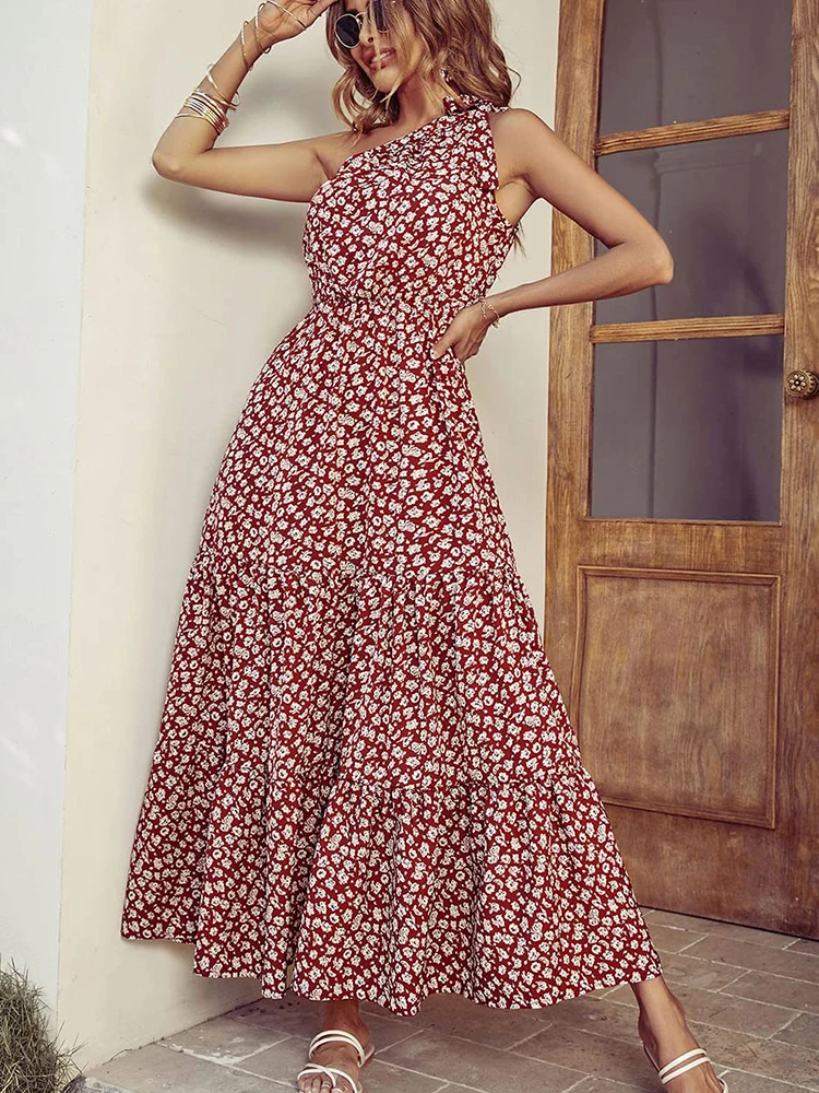 

Летнее платье с цветочным принтом, женское элегантное сексуальное длинное платье макси на одно плечо, Женский Повседневный пляжный сарафан...