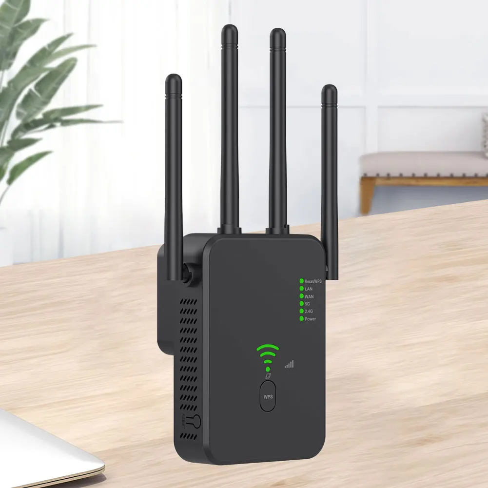 

UK/US/EU Wireless WiFi Repeater with 4 Antennas Internet Signal Booster Dual Band 5GHz/2.4GHz Wide Coverage for Home Hotel