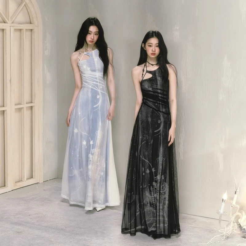 Женское Сетчатое платье с принтом новое вечернее длинное подвесным воротником