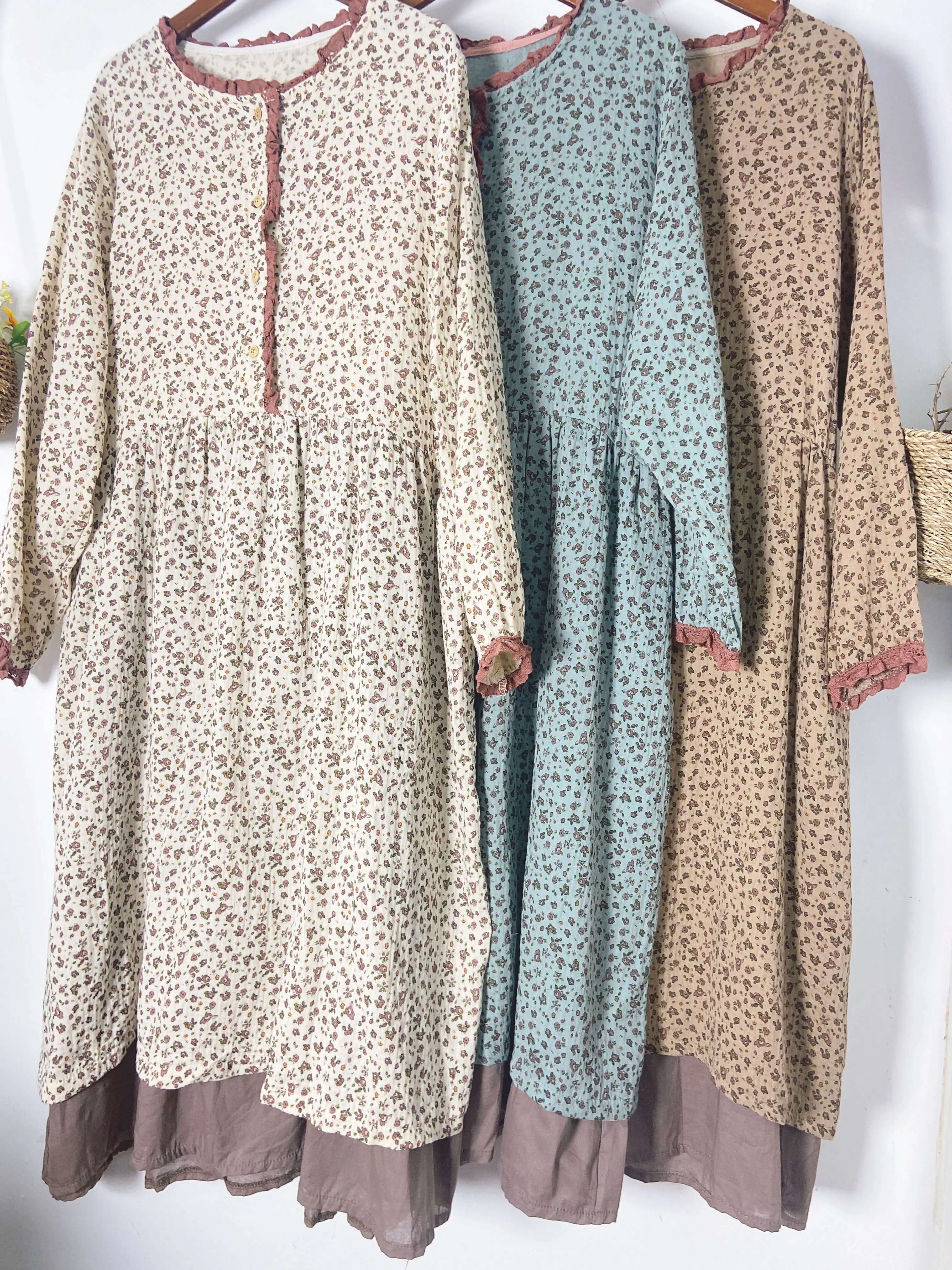 

Retro Cotton Linen Floral Print Dress Women Autumn Japan Style Mori Girl O-Neck button Long-sleeved Dress Loose Female Vestidos