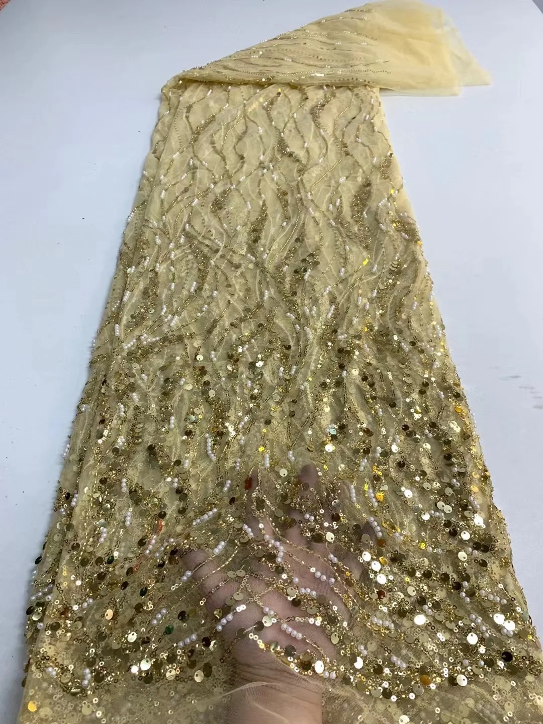 

2022 Nigerian High Quality Yellow Handmade Sequins Tulle Lace African Luxury Beads 5 Yards Fabric Swiss For Women Prom Dress Sew