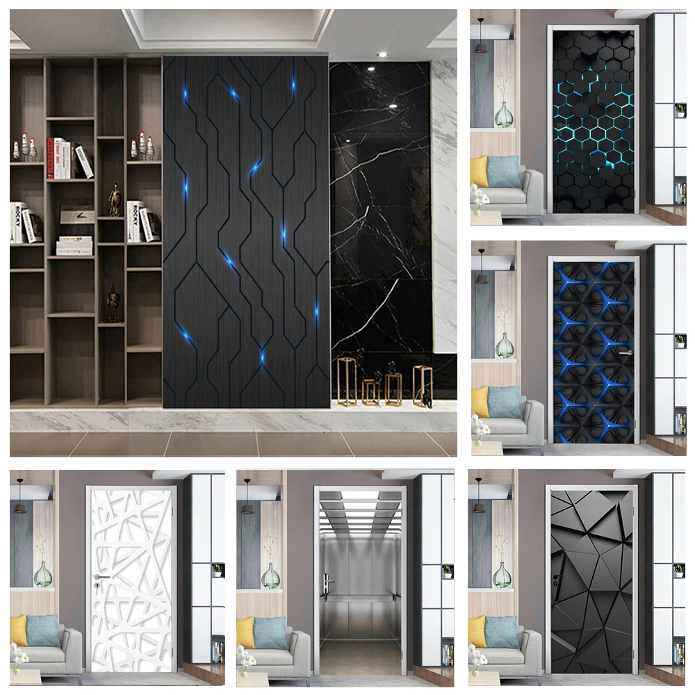 

Black Geometric Line Door Stickers 3D Wallpaper Modern Abstract Line Fridge Wardrobe Door Sticker Poster Art Mural Removable