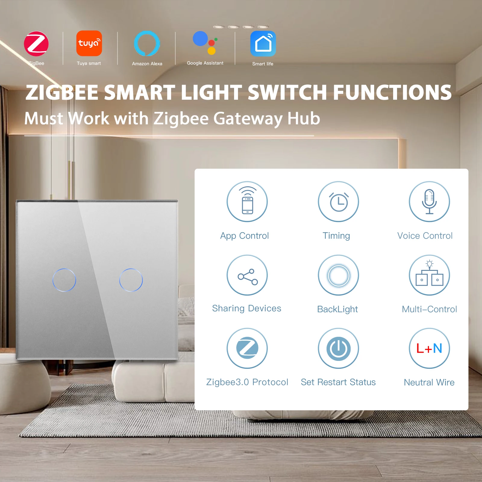 Фото Сенсорные Zigbee-выключатели BSEED 1/2/3/4-клавишные, умные настенные выключатели для лестниц, управление через Tuya, приложение Smart Life, Google, Alexa, нейтральный провод №2