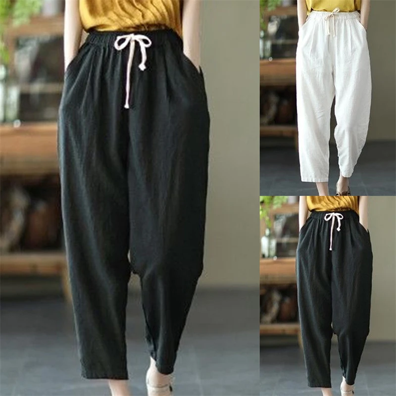 

Женские свободные брюки из хлопка и льна, повседневные однотонные брюки до щиколотки со шнуровкой и редисом, весна-лето 2022