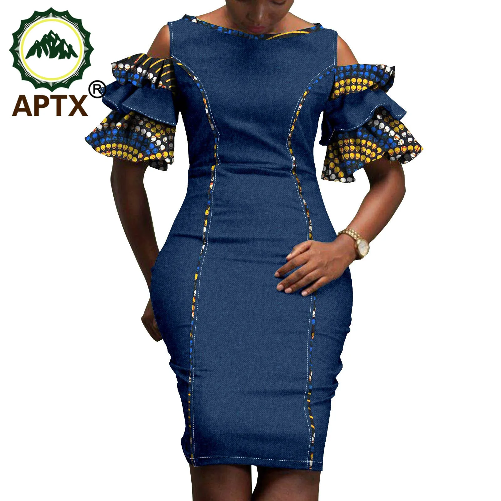 

African Ankara Print Casual Sleeveless Round Neck Denim Dress Soft Comfortable Summer Dress A2225005