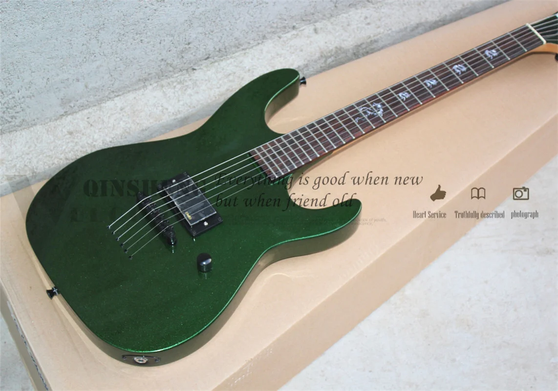 Металлическая зеленая электрическая гитара, кленовый гриф в корпусе из липы, струна через корпус, фингерборд из палисандра, Loong инкрустация