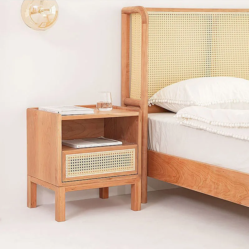 

Japandi Style Nightstands Wooden Rattan Drawer Small Mobile Storage Nightstand Cabinets Table De Chevets Bedroom Nightstand