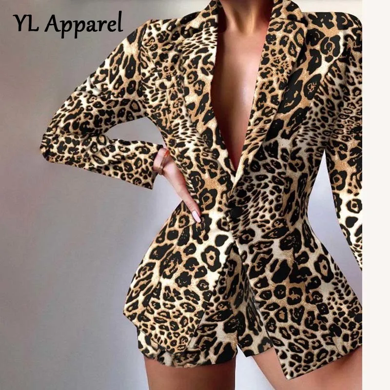 

Элегантные женские костюмы из двух предметов с леопардовым принтом 2022, однобортные с шортами, женские элегантные приталенные офисные блейз...