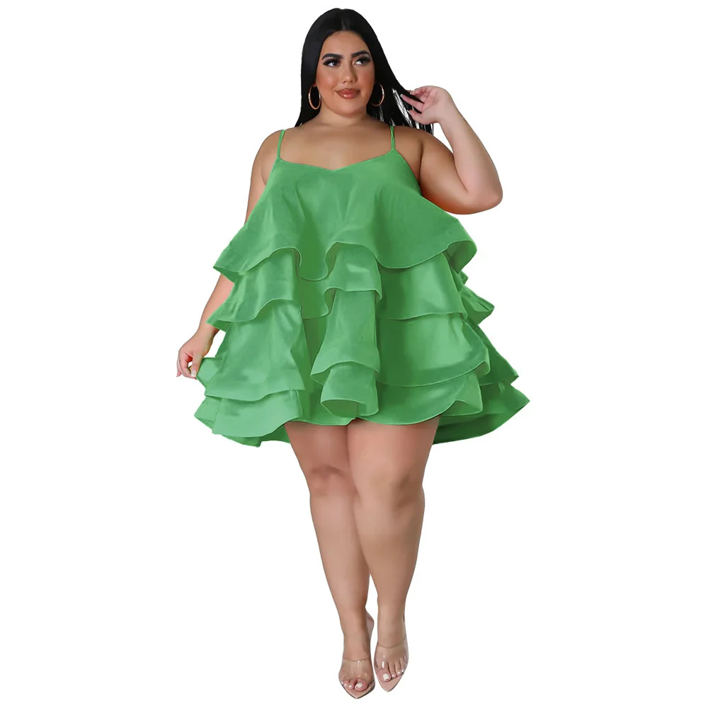 Fashion Plus Size Women Dresses Sexy Sleeveless Ruffle Adjustment Straps Solid Color Dress Large Size Female Elegant Dresses