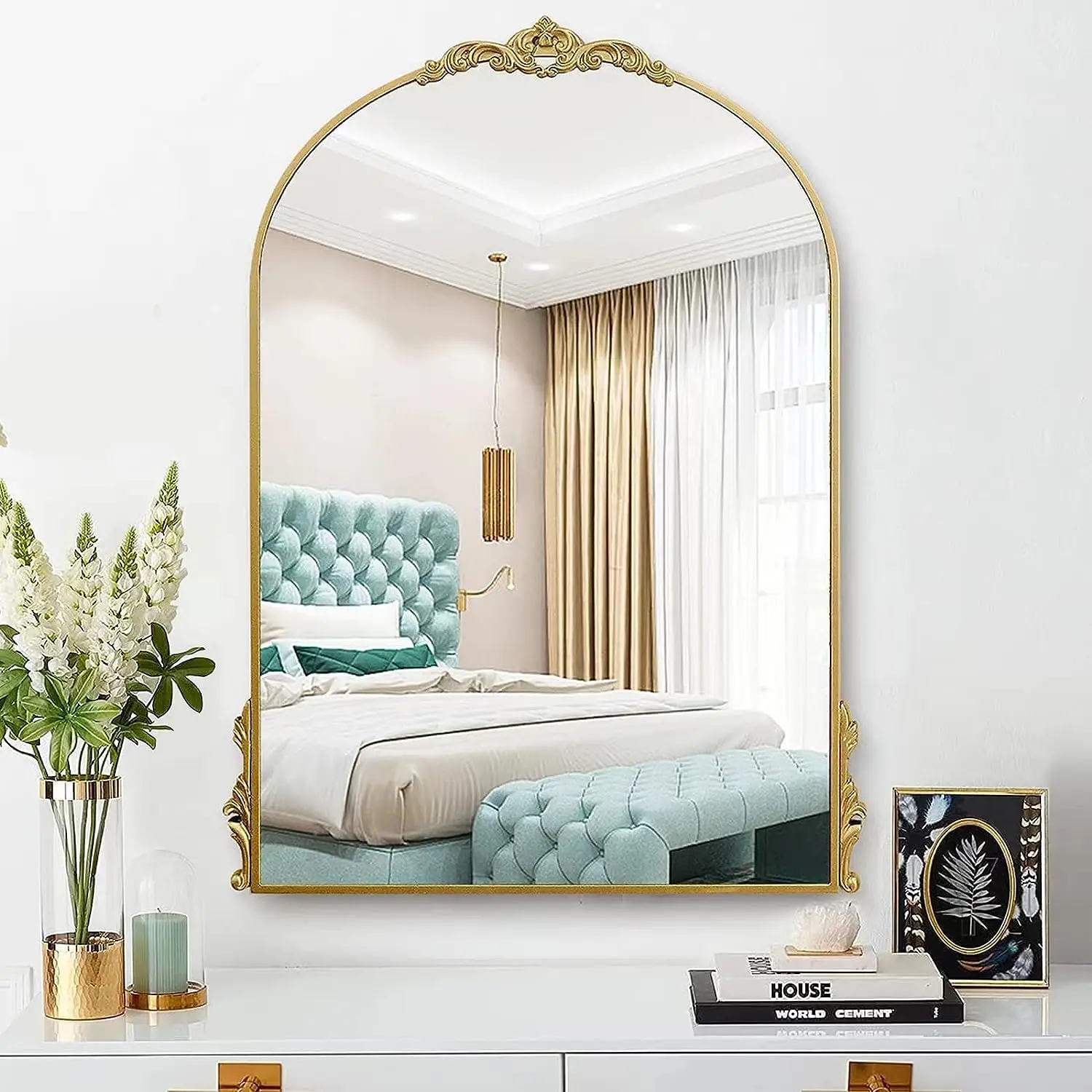

Arch Mirror, 32" x 24" Vintage Gold Bathroom Vanity Mirror with Wooden Frame, Baroque Decorative Mirror for Living Room