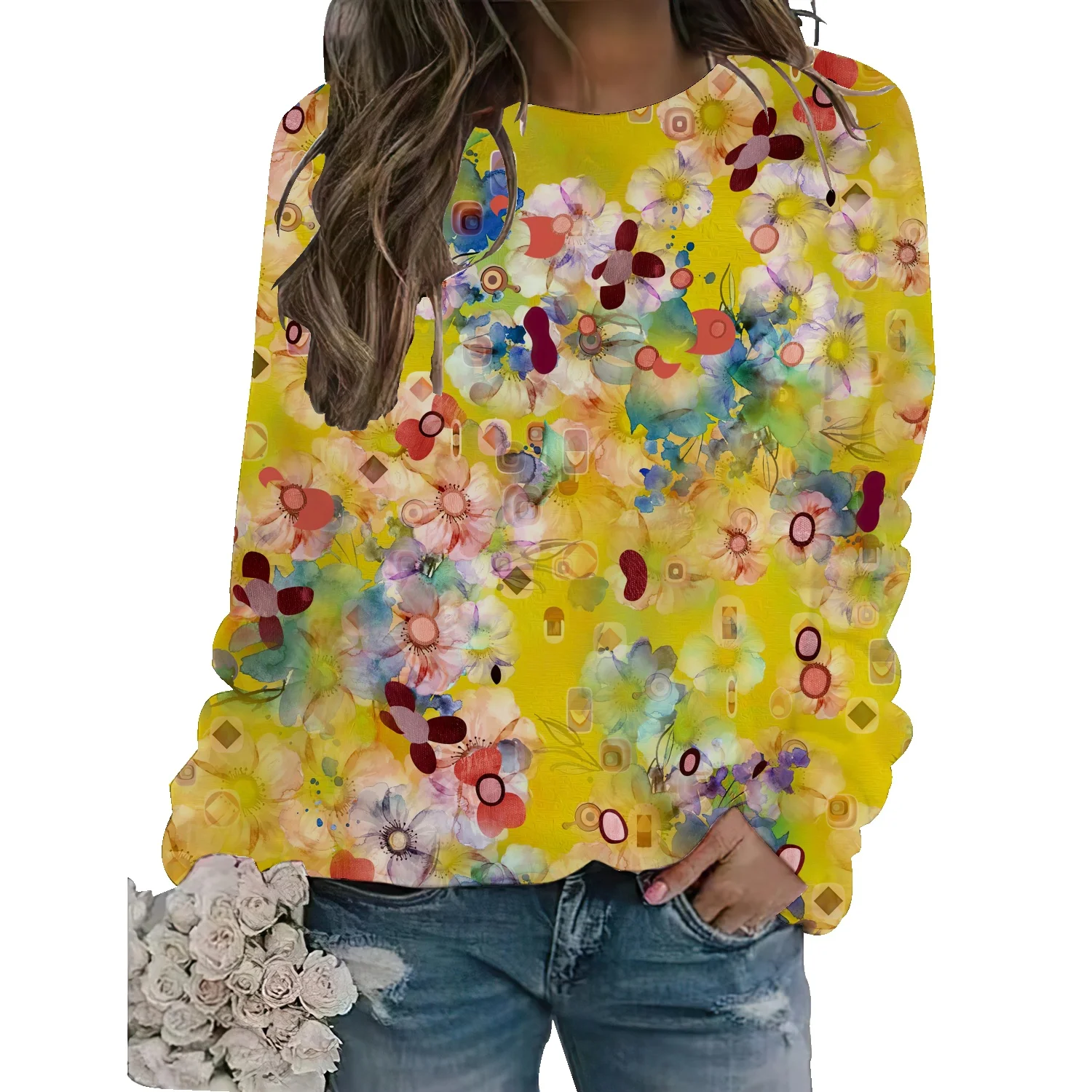 

American niche flower print thickened black hooded sweater female student autumn and winter new loose top