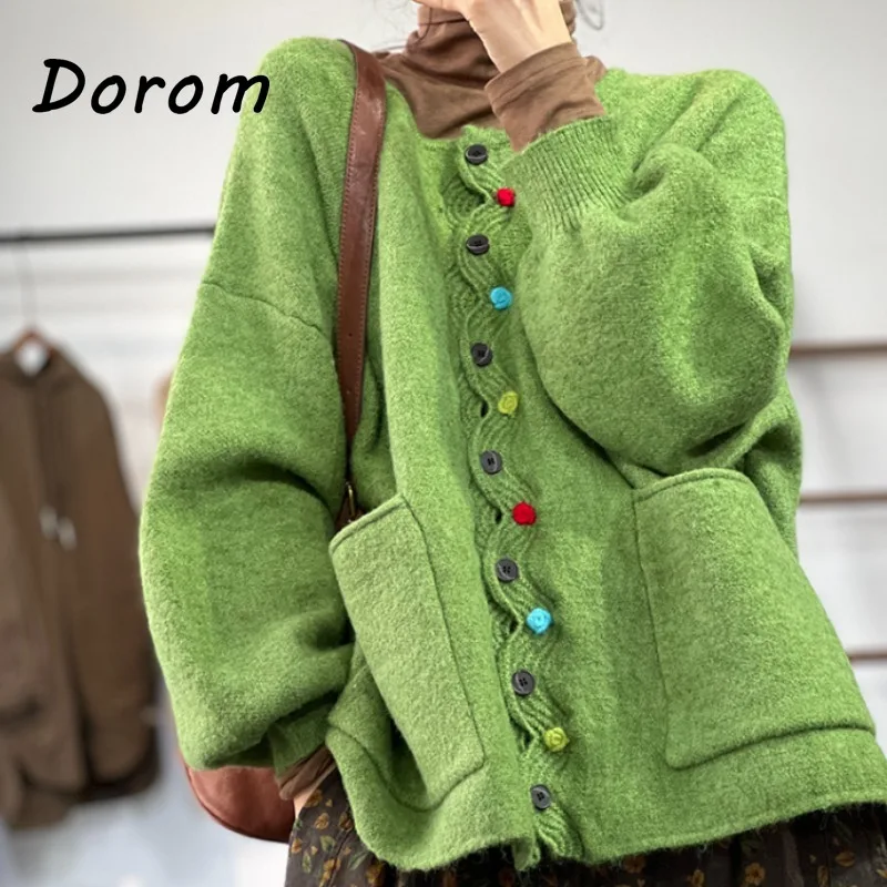 

Винтажный Зеленый вязаный кардиган в стиле мори, Женский Осенний японский Повседневный свитер большого размера с рукавом фонарик, свободный трикотажный топ