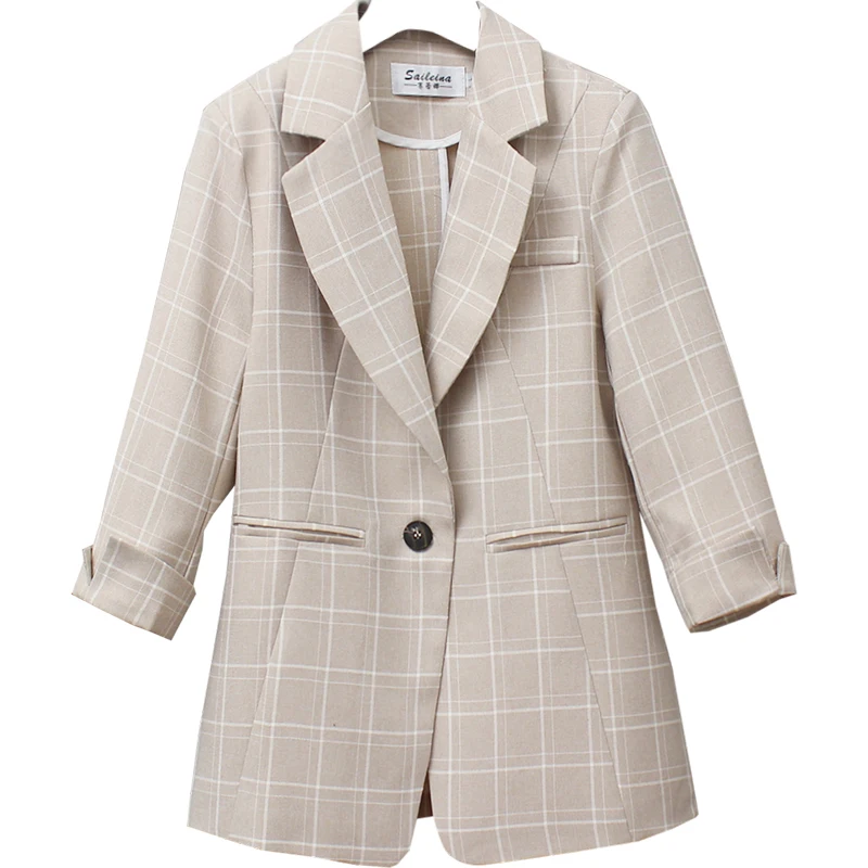 Fashion Blazers Jacket Ladies Plaid Work Office Blazers Ladies Spring and Autumn Casual Three-quarter Sleeve Jacket 2023 New