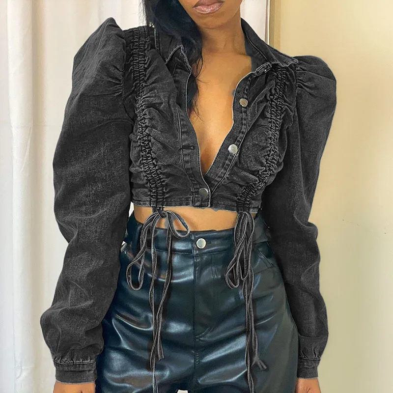 

Autumn Winter New Womens Long-sleeved Lapel Fashion Loose Sexy Denim Single-breasted Jacket Party Club Short Denim Shirt