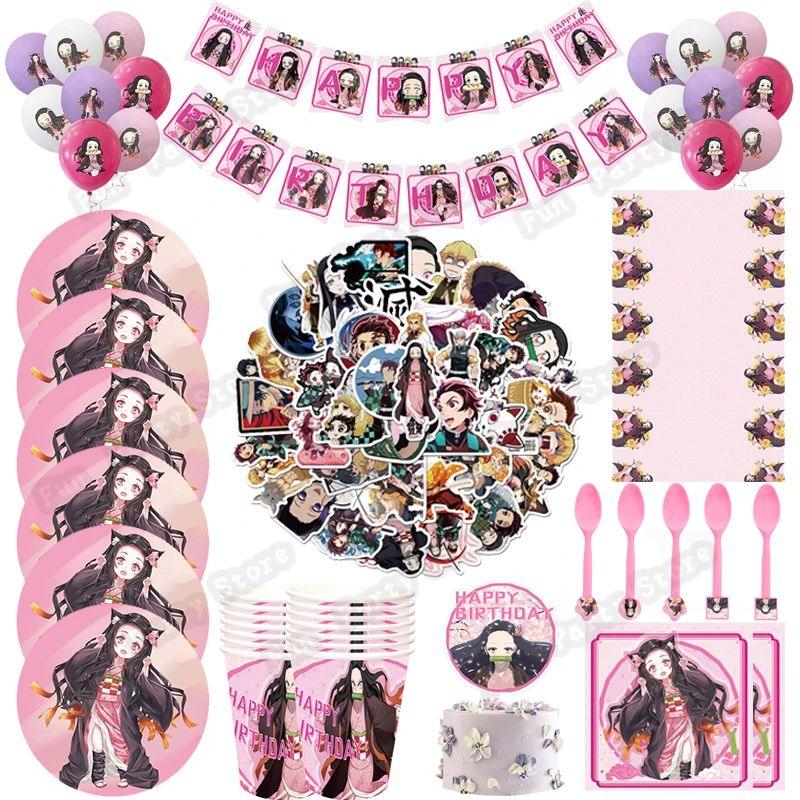 Demon Slayer Kamado Nezuko Theme Party Decoration Supplies Paper Cup Plate Tissue Spoon Baby Shower Balloon Girl Birthday Favors