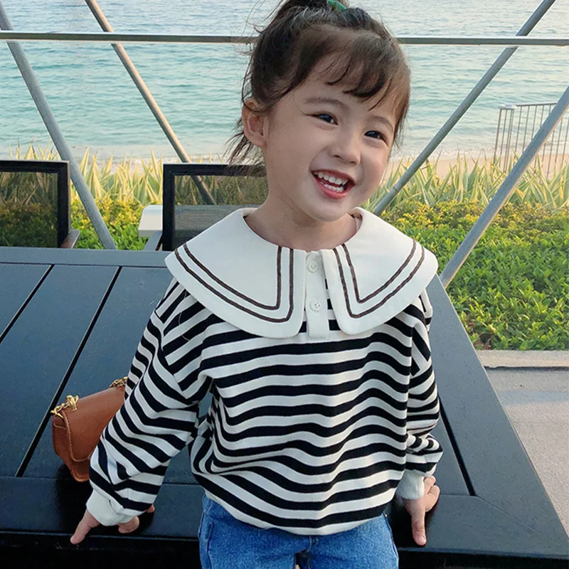 

Clothes Fall Cute Sleeve Long Korean Fashion Children Little Toddler Girls Stripes Sweatshirt Costume Loose Spring Top Kids