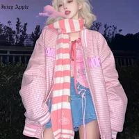 juciy apple bomber woman varsity jacket american retro pink plaid baseball jacket bombers coat 2022 summer casual jacket woman