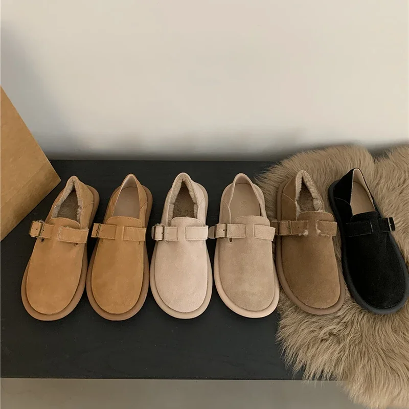 Женские теплые туфли на меху Винтажная обувь плоской подошве удобная мягкая