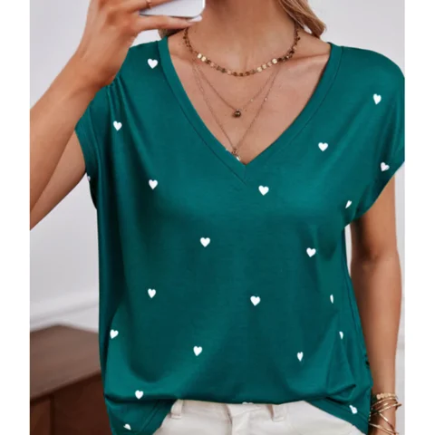 Women's Tshirt V-neck 3d Solid Color Retro Love Print T-shirts Oversized Summer Short-sleeved Tops Set Head Women's Y2k Clothing
