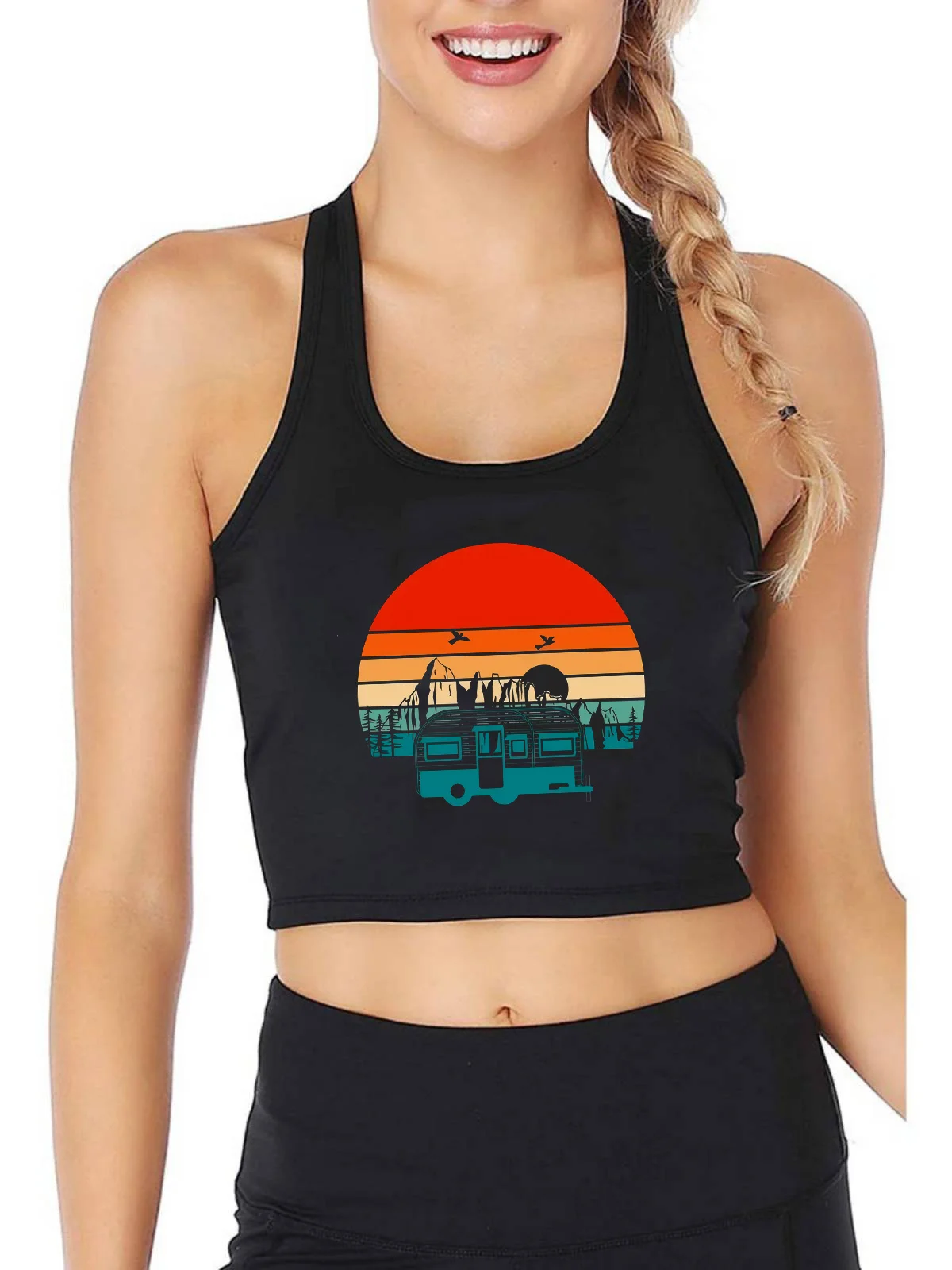 

Camping Van Driving To Retro Sunset Mountains Print Crop Tops Women's Camping Breathable Slim Fit Tank Top Summer Camisole