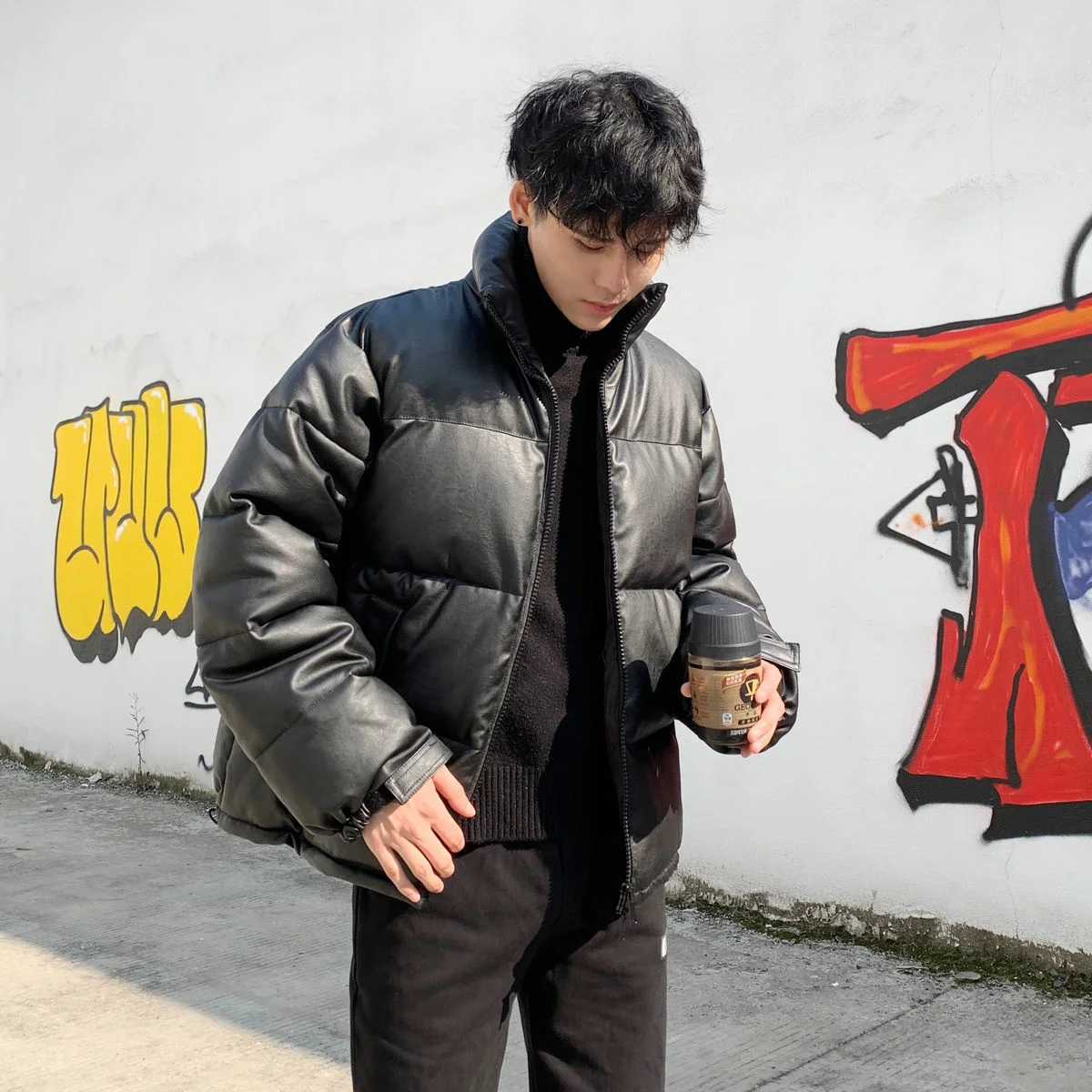 2022 NEW Thicken Solid Color Mens Parkas Oversized Warm Winter Leather Coats Harajuku Fashion Male Loose Cotton Padded Jackets