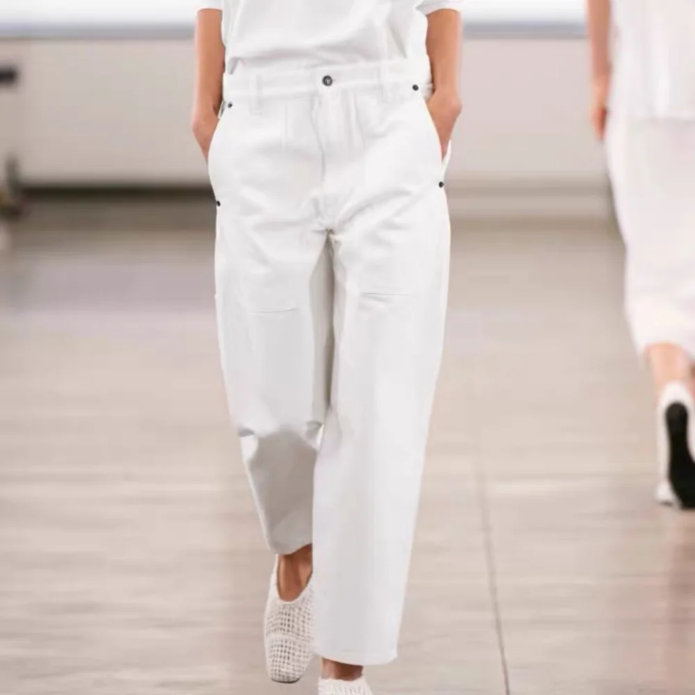 Autumn White Cropped Pants Cotton Twill Cropped Straight Jeans