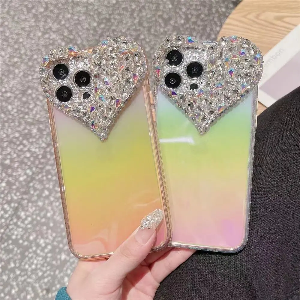 

Big Heart Diamond Laser Gradient Camera Phone Case For iPhone 13 12 11 Pro Max XS XR 7 8 Plus Mini Candy Luxury Glitter shell