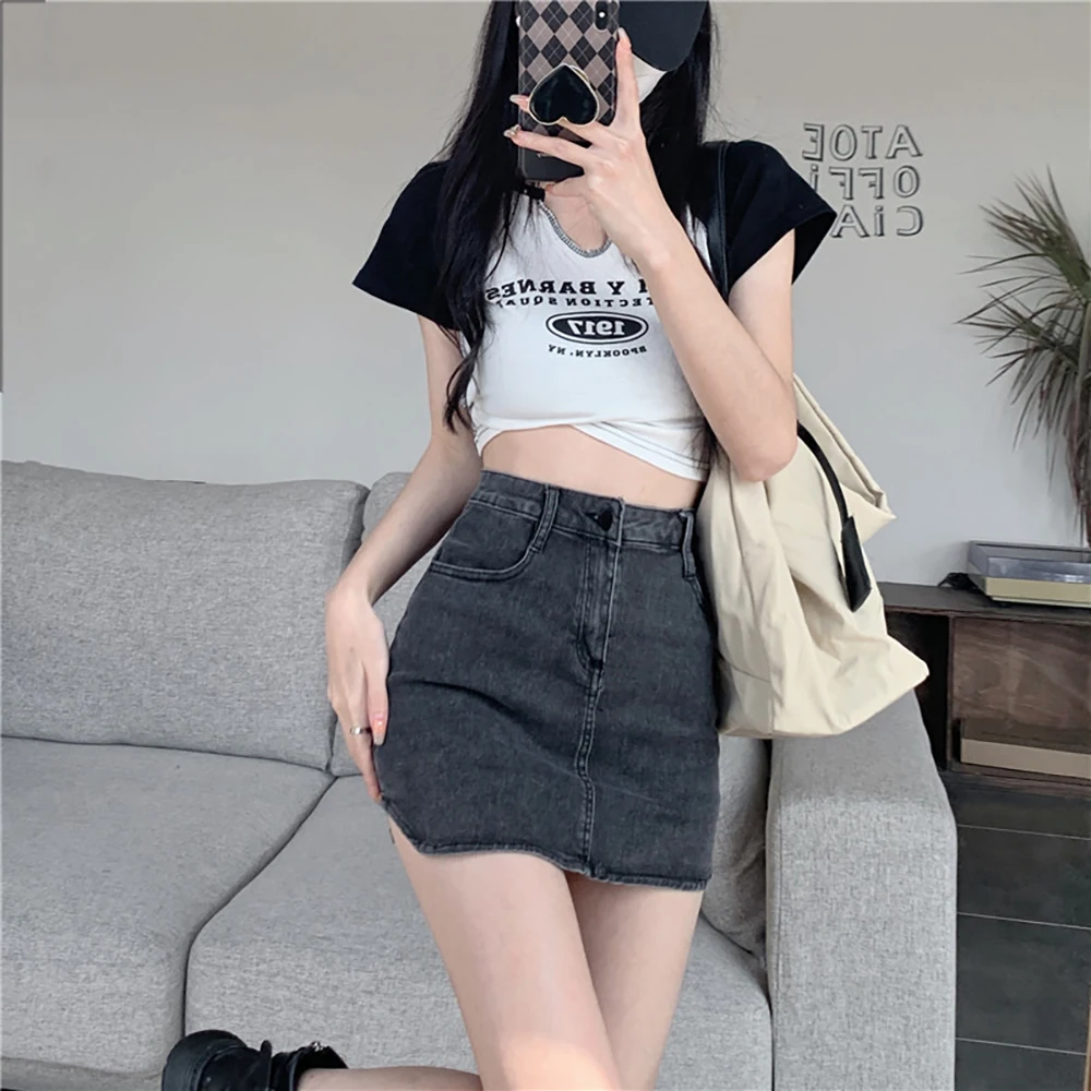 Женская Облегающая Джинсовая Мини-юбка С Высокой Талией Трапециевидной Формы