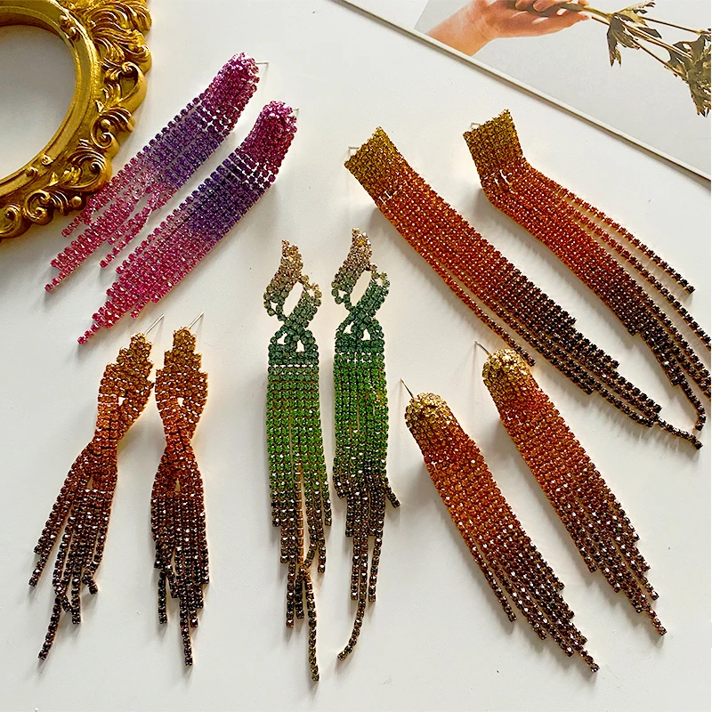 

Vedawas New Luxury Gradient Rhinestone Crystal Long Tassel Earrings For Women Shiny Bridal Wedding Dangle Ear Jewelry Wholesale