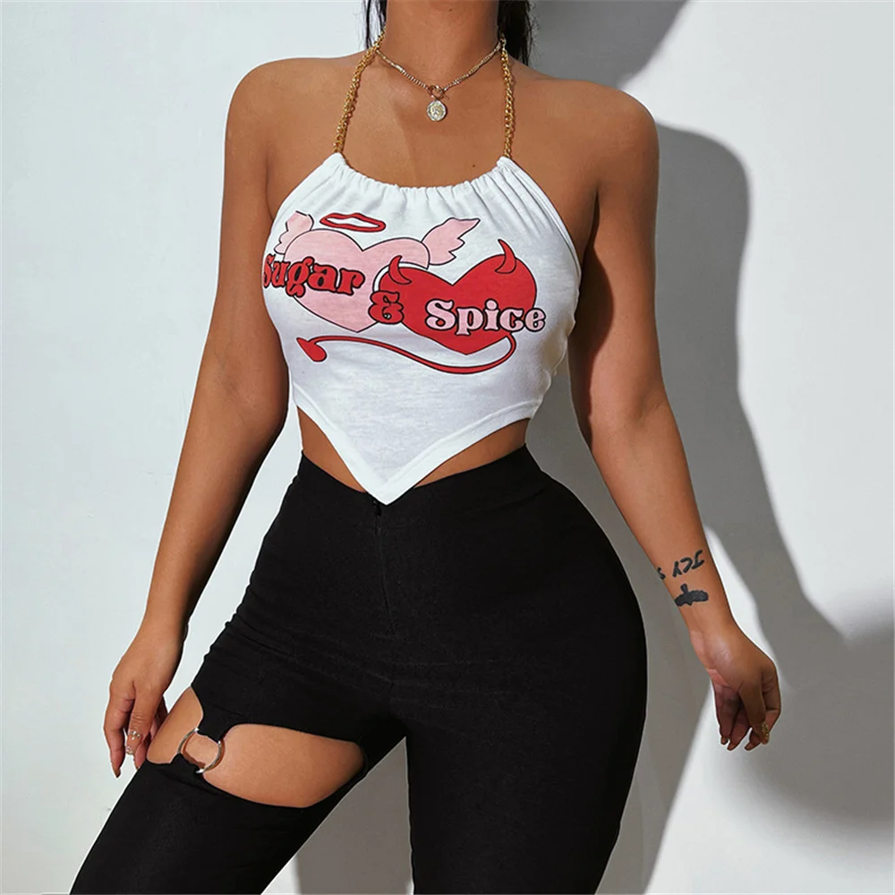 

2022 Summer Women Sexy Backless Sleeveless Irregular Hem Crop Tops Casual Chain Halter Slim Fit Print Tanks Tees Nightclub Camis