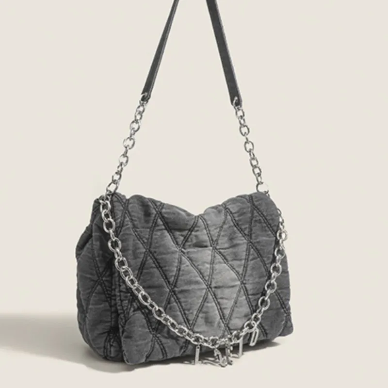 

JIAERDI Denim Casual Shoulder Bag Women High Street Rhombic Lattice Y2k Grunge Handbag Ladies Vintage Grey Crossbody Bags Chic
